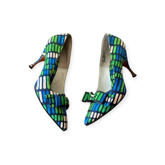 Vintage Herbert Levine Pumps |1960s Mod| Blue Green Geometric, Bow | Size 5.5A - Picture 3 of 14